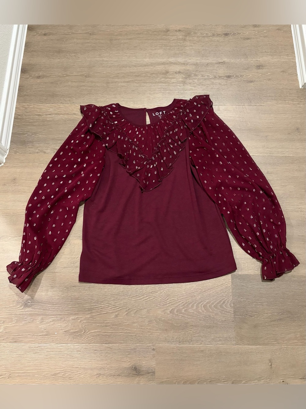 LOFT Maroon Ruffle-Yoke Long Sleeve Top